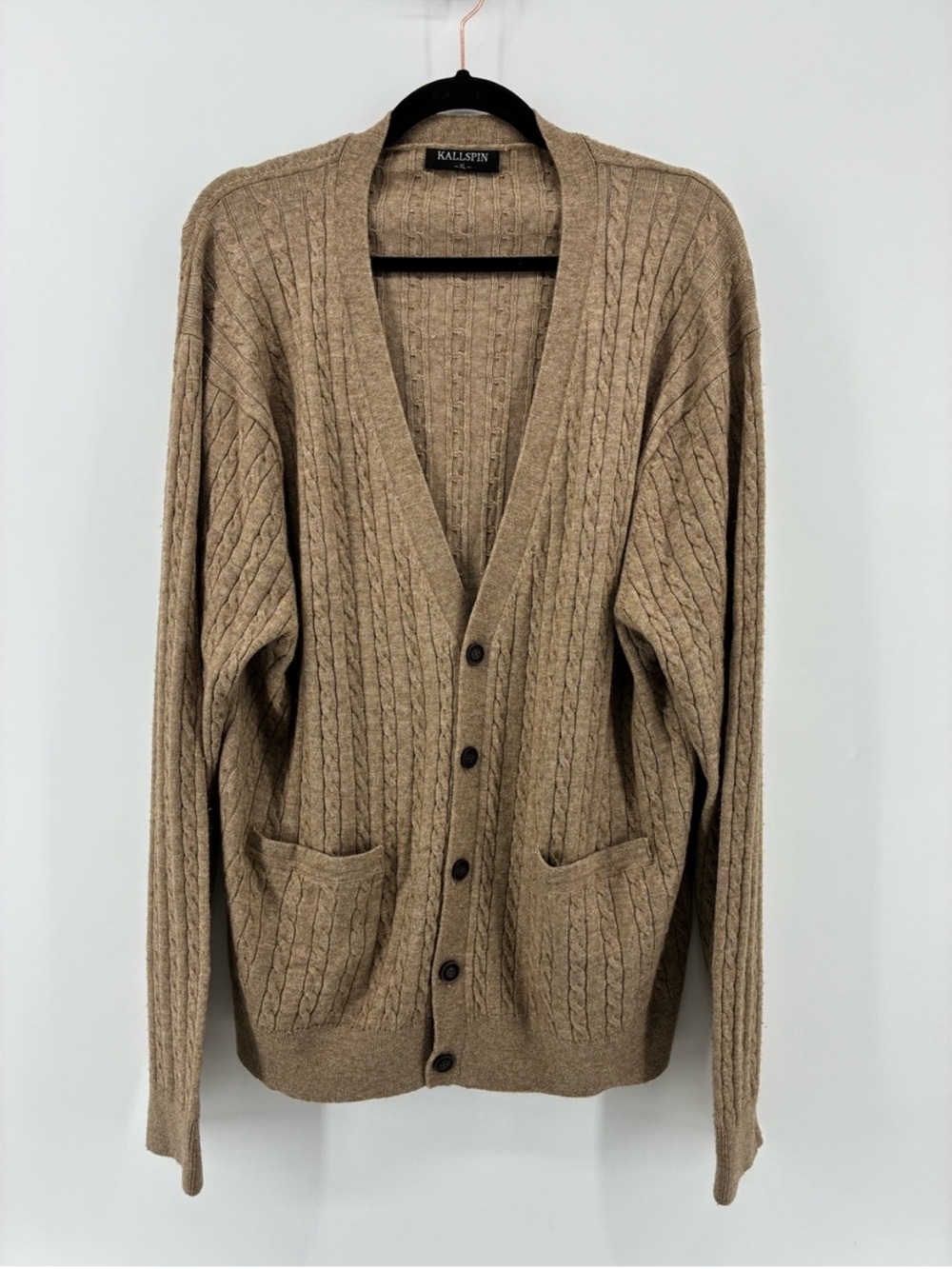 Vintage Kallspin Wool & Cashmere Blend Fisherman Tan Cable Knit Cardigan